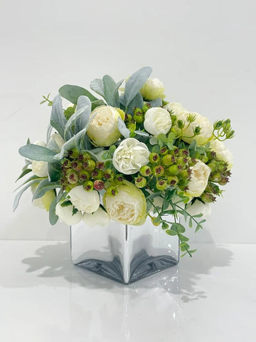 French Country Modern Decor White Peonies, Berries Greenery Lamb's ear Arrangement In Glass Vase